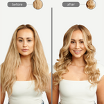 Before and after comparison of a woman with blonde hair styled differently.