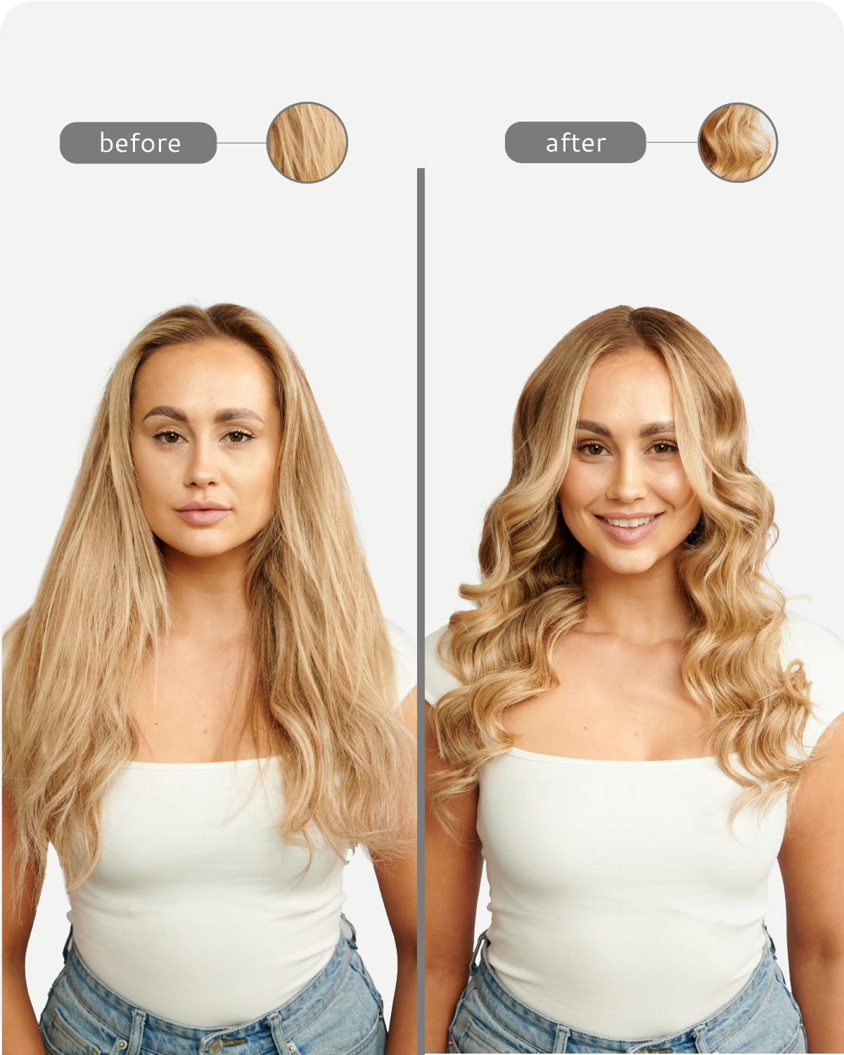 Before and after comparison of a woman with blonde hair styled differently.
