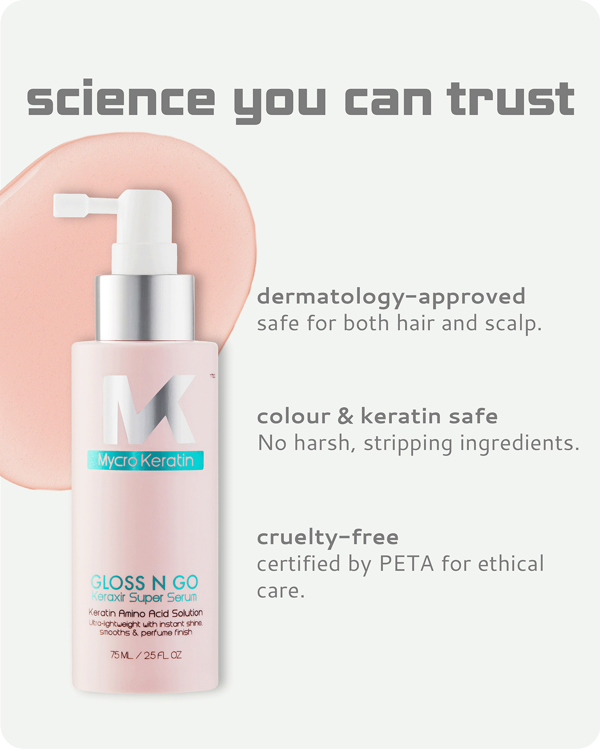 Keraxir serum smooths hair, repairs damage, adds shine, tames frizz, and protects from UV damage effectively