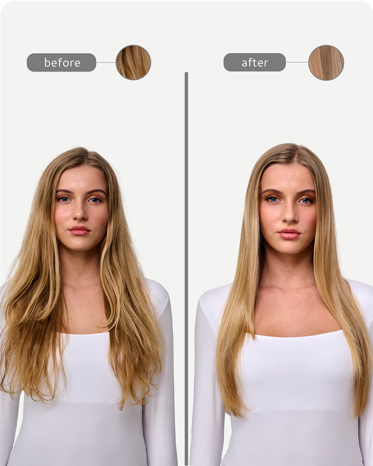 Before and after comparison of a woman with long blonde hair on a white background
