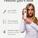 Woman holding a bottle of hair product with text highlighting its benefits on a white background