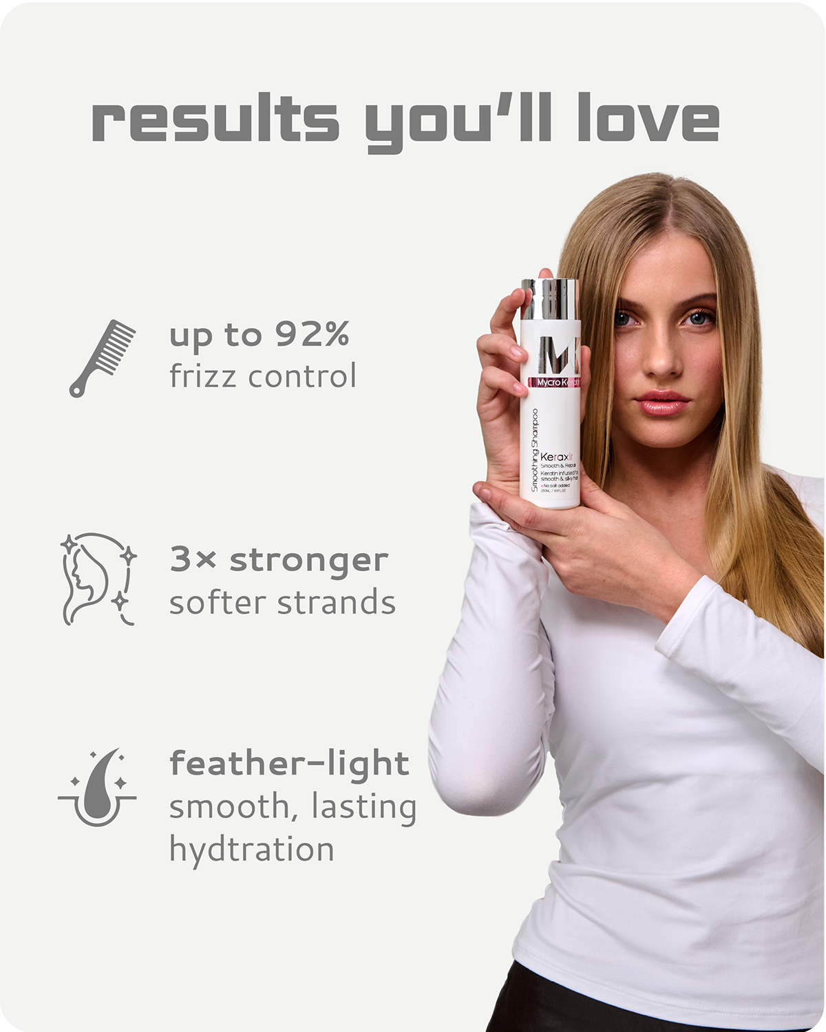 Woman holding a bottle of hair product with text highlighting its benefits on a white background