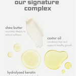 Product label with shea butter, castor oil, and hydrolysed keratin on a white background