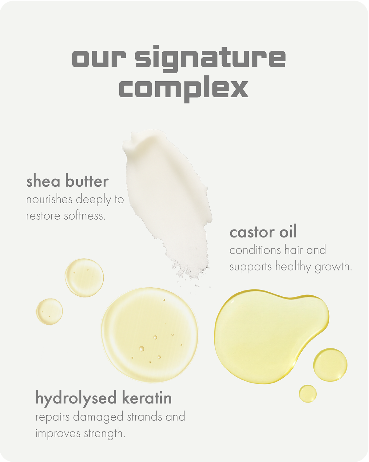 Product label with shea butter, castor oil, and hydrolysed keratin on a white background
