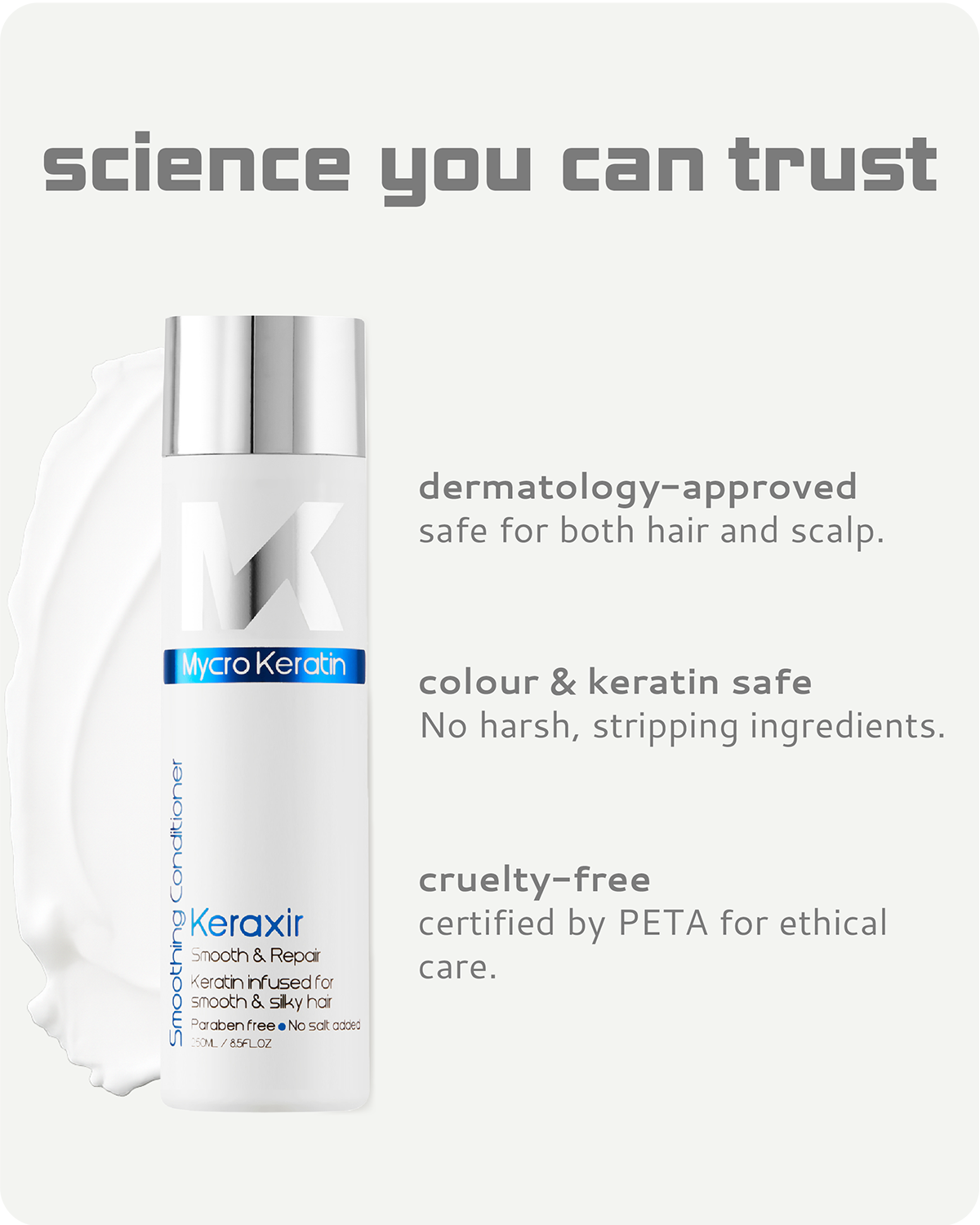 Keraxir conditioner bottle with certification text on a white background