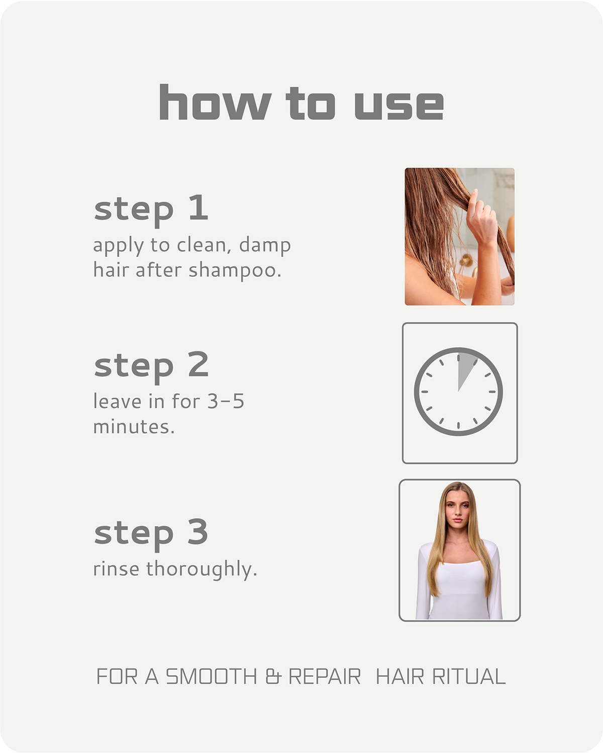 Instructions on how to use a hair product with text and images.