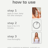 Instructions on how to use a hair product with text and images.